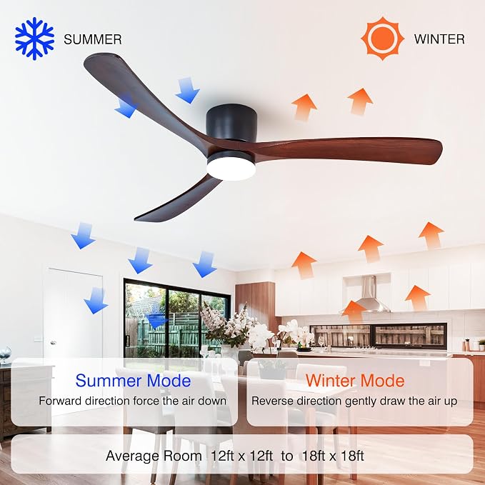 60" Wood Ceiling Fan with Lights Remote, Reversible DC Motor 6-Speed Ceiling Fan, 3 Blades Low Profile Flush Mount Ceiling Fans, Modern Ceilingfans for Low Profile, Walnut and Matte Black
