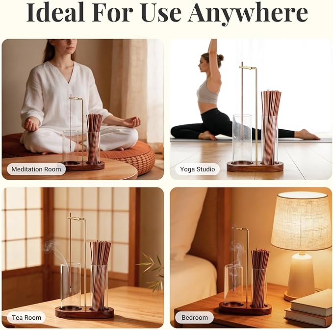 Glass Incense Holder, 2 in 1 Hanging Incense Burner Holder with Ash Catcher & Storage | Cute Boho Decor for Meditation, Yoga, Spa | Stick Incense Holder, Censer, Incense Tray Alternative (Walnut)