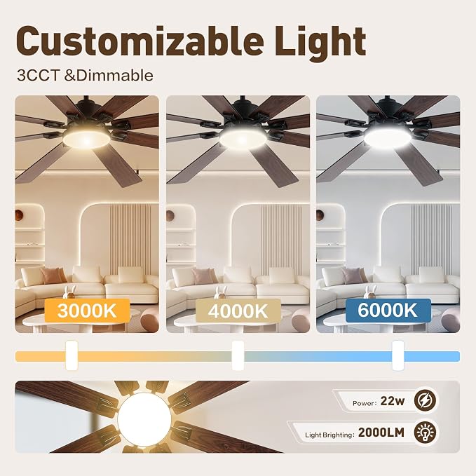 Minislak 72 Large Smart Ceiling Fan with Lights and Remote,Black Indoor & Outdoor Ceiling Fan for Living Room,Patio,6 Speed,Quiet DC Motor,3CCT,8 Wooden Blades