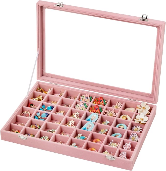 Frebeauty 48 Grid Earring Organizer,Velvet Jewelry Tray with Clear Lid | Drawer Jewelry Organizer for Rings Studs Beads,Adjustable Dividers,Dustproof,Earring Storage,Trinket Box,13.8×9.5Inches
