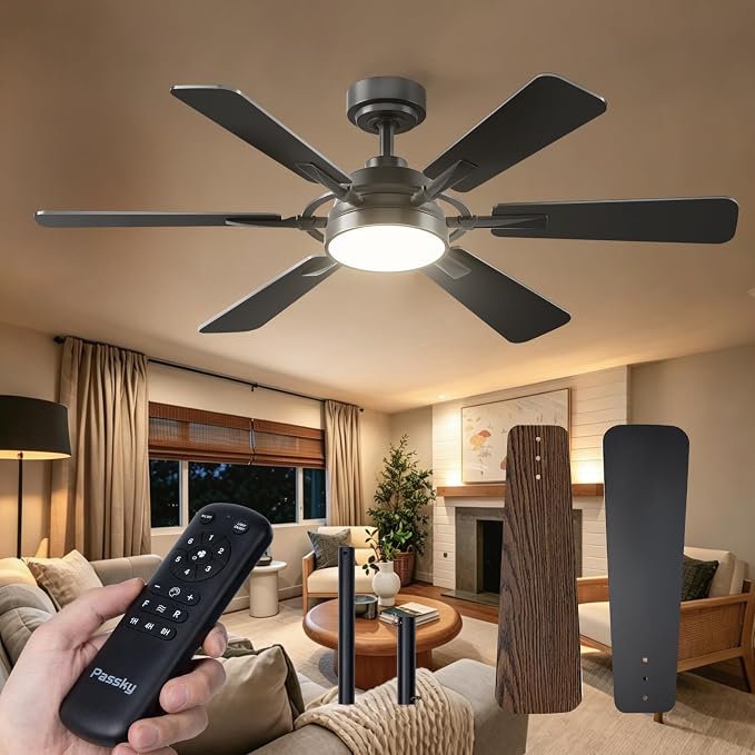 Passky Ceiling Fans with Lights, 52 inch Ceiling Fan with Light and Remote Control, Reversible, Dimmable, 3CCT, Quiet, Black Modern Ceiling Fan for Bedroom, Living Room