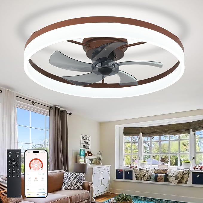 DLLT Bladeless Ceiling Fans with Lights: 24 Inch Modern Flush Mount Low Profile Ceiling Fan with APP Remote Control - Brown Enclosed LED Fandelier Dimmable Quiet DC Motor for Bedroom Living Room
