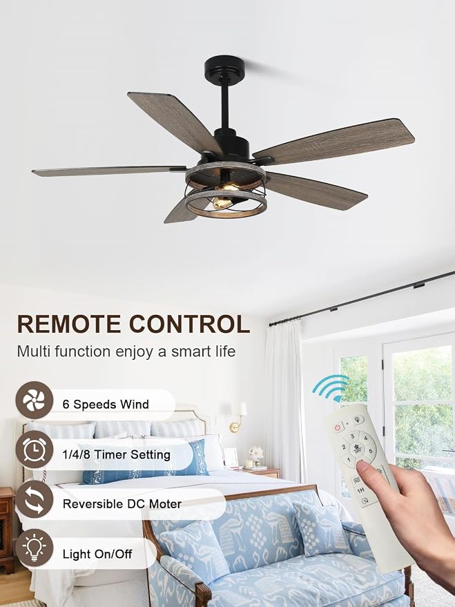 52" Farmhouse Ceiling Fan with Lights and Remote Rustic Fandelier | Wood Caged Fandalier Industrial Chandelier, for Bedroom Living Room, Reversible DC Motor 6 Speed, 3 E26 Bulbs (Not Included)