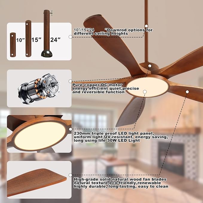 62 Inch Lage Ceiling Fans with Lights and Remote Wood Outdoor Fans for Patios 5 Solid Blades Modern Farmhouse Ceiling Fan for Porch Living Room 6 Speeds FCC Reversible DC Motor