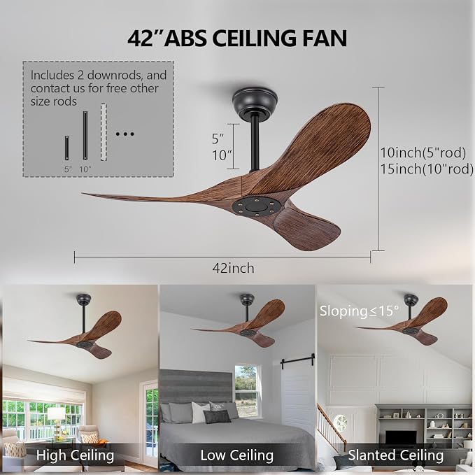KBZZ 42 Inch Ceiling Fan without Light,6 Speeds,Reversible Silent DC Motor,Modern Ceiling Fan no Light with Remote for Indoor Outdoor Farmhouse Office Bedroom(Not Solid Wood)