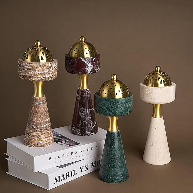 Sissi & yaya Marble Incense Burner with Brass Cover, 11 x 3.8 inches, Multi-Purpose Holder for Cones, Coils and Sticks (Light Brown)