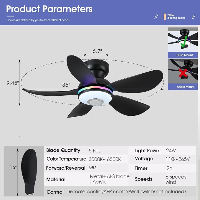 Kviflon 36" Ceiling Fans with RGB Lights Remote/APP Control, Small Ceiling Fan, 3 CCT Dimmable White Lights+RGB Ring Lights+Music Player, 5 Reversible Plastic Blades 6 Speeds for Kidsroom, Black