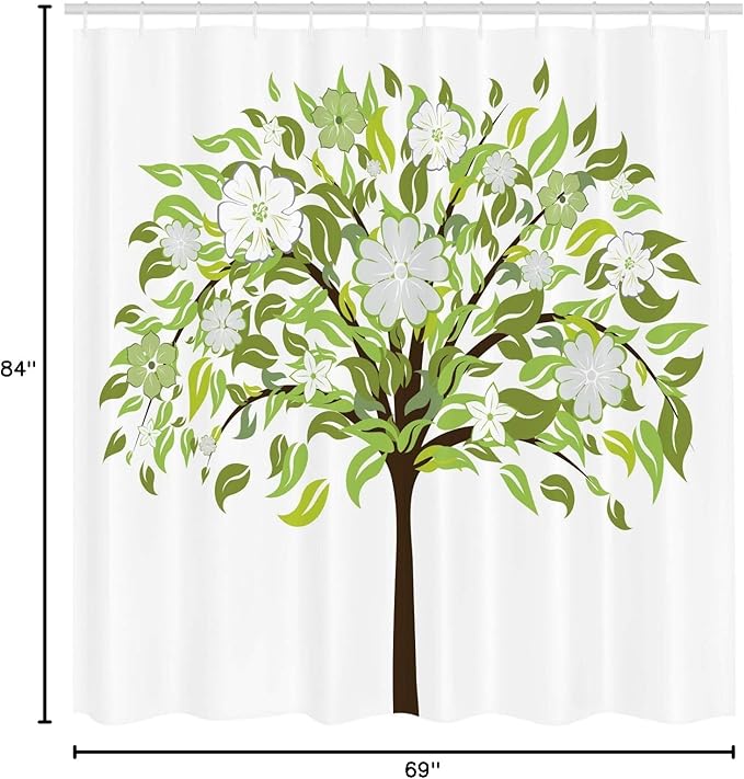 Ambesonne Nature Shower Curtain, Summer Tree with Flourishing Flowers Spring Blossoms Seasonal Print, Cloth Fabric Bathroom Decor Set with Hooks, 69" W x 84" L, Green Brown White