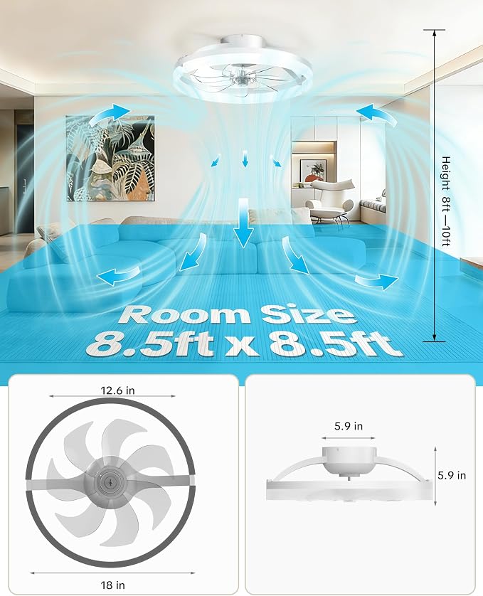 Ceiling Fans with Lights and Remote, Low Profile Ceiling Fan, Morden Flush Mount LED Fan Light, 3000K-6500K Dimmable for Bedroom, Kitchen, Living Room, Frosted, White