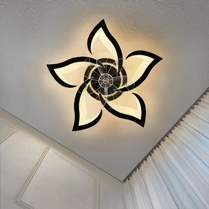 27" Black Geometric Ceiling Fan Lights with Remote, 6 Speeds Adjustable Low Profile Flush Mount Ceiling Fan with Light for Kitchen Bedroom