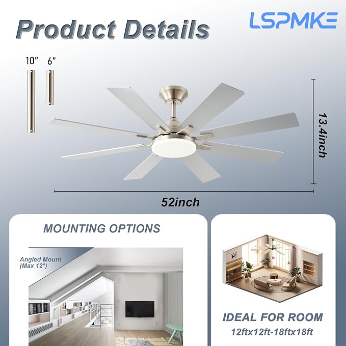 Ceiling Fan With Light & Remote Indoor/Outdoor Use 52 Inch Nickel | Reversible DC Motor,3CCT, Dimmable, Timer, Noiseless,Ceiling Fan for Bedroom Living Room