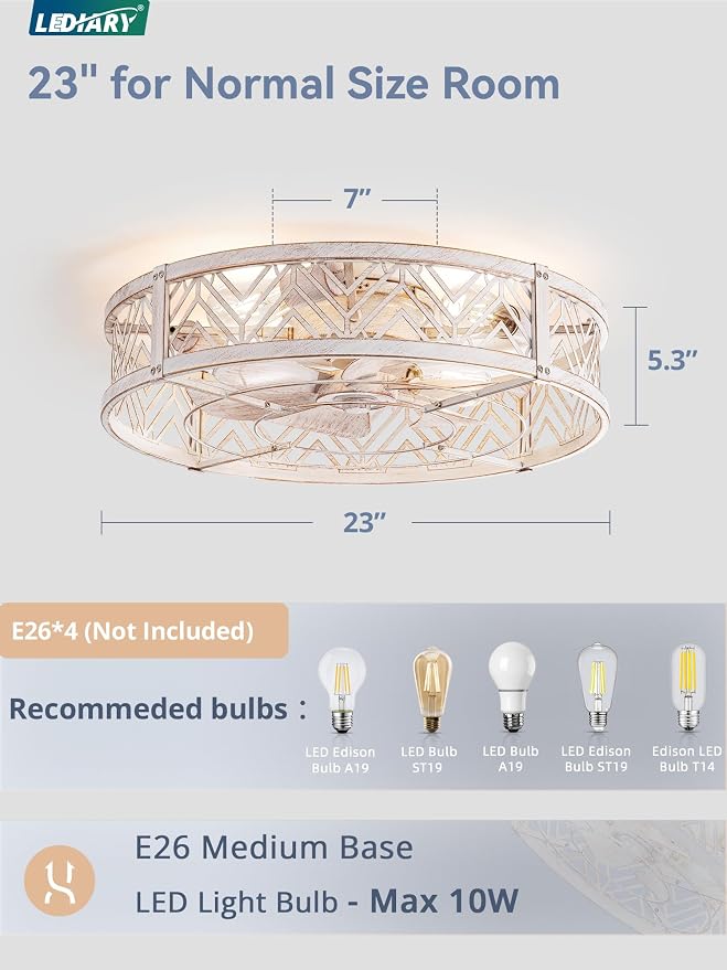 LEDIARY 23" Caged Ceiling Fan with Light, Large Flush Mount, App&Remote Control, Low Profile Bladeless Fan Light Fixture 6 Speed, Reversible and Quiet Motor-White Gold