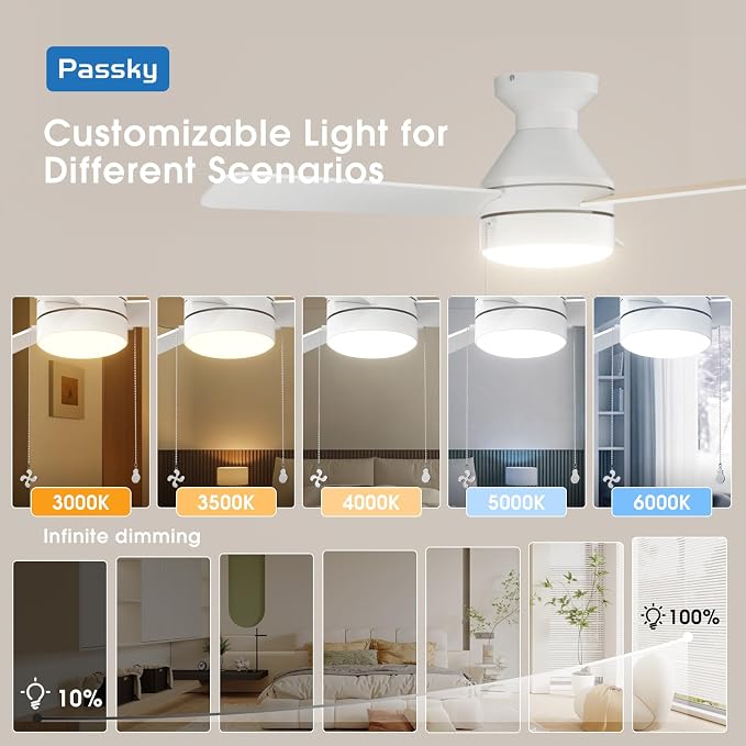 Passky Ceiling Fans with Lights, 42 inch Low Profile Ceiling Fan with Pull Chain and Remote Control, Flush Mount, Reversible, 5CCT, Dimmable, Noiseless, White Pull Cord Ceiling Fan for Bedroom