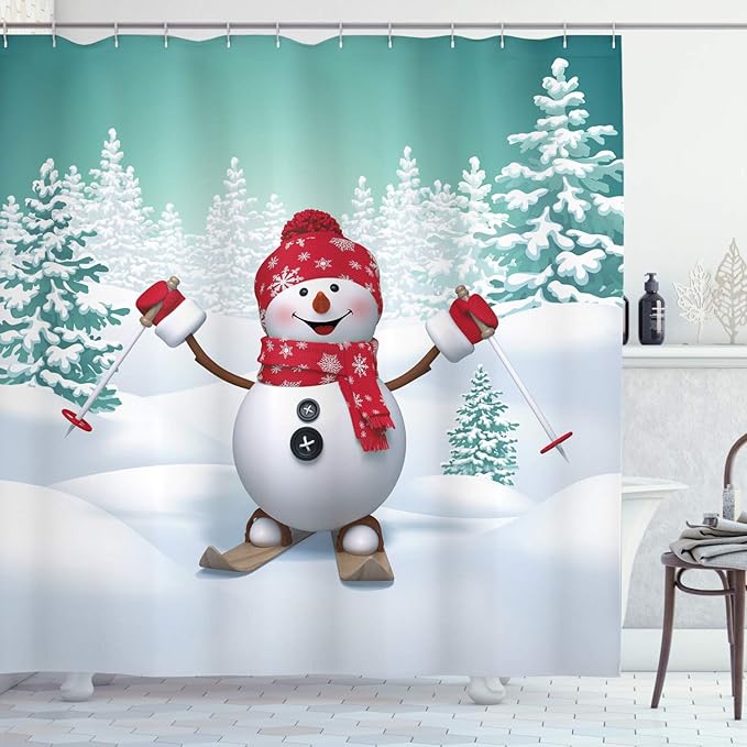 Ambesonne Christmas Shower Curtain, Snow Covered Mountain Fir Trees and Skiing Snowman Fun Holiday Activity, Cloth Fabric Bathroom Decor Set with Hooks, 69" W x 75" L, White Teal