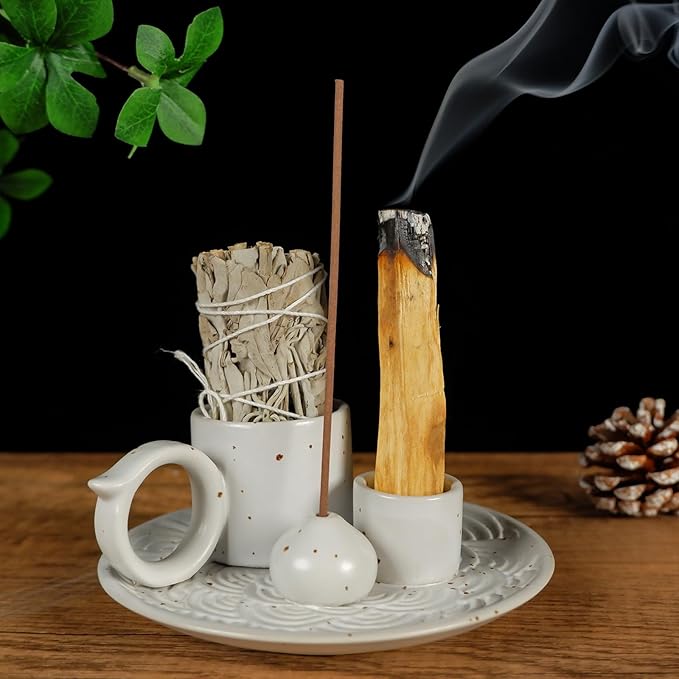 MOUGIGI 5-in-1 White Ceramic Palo Santo Burner & Holder - Small Candle and Smudge Tray for Incense Sticks & Cones, Sage, Zen Meditation Altar Accessory – Compatible with Matches for Aromatic Scents