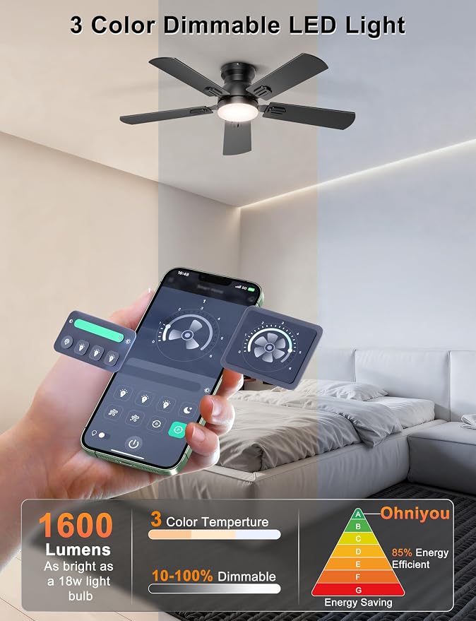 Ohniyou Ceiling Fans with Lights, 42 Inch Low Profile Ceiling Fan with Light and Remote/APP Control, Flush Mount, Dimmable, Quiet DC Motor, Black Small Indoor Ceiling Fan for Bedroom, Kitchen