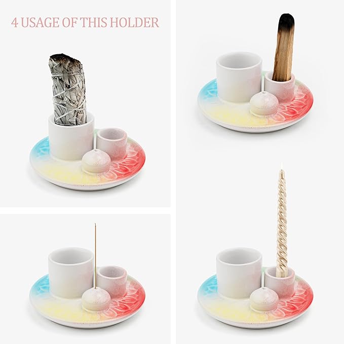4 in 1 Incense Burner Holder,Sage Holder for Burning,Palo Santo Holder,Candle Holder,Ceramic Incense Burner Ash Catcher Tray for Meditation Yoga Room (Pastel Rainbow)
