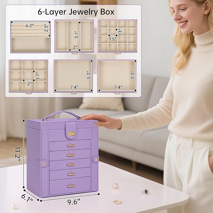 AKOZLIN 6-Tier Jewelry Box Organizer Functional 5 Drawers Leather Jewelry Storage Case for Women Girls Ring Necklace Earring Bracelet Holder Organizer with Mirror Medium Violet