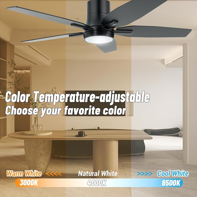 42" Flush Mount Ceiling Fan - 5 Blades Modern Ceiling Fan with Light for Living Room and Bedroom - Quiet DC Motor - Dimmable - Reversible Function - Black