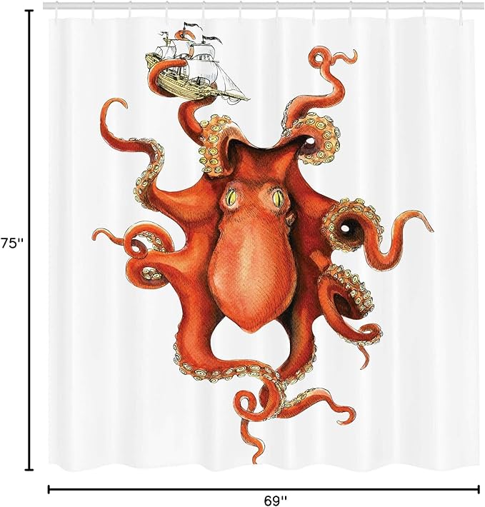 Ambesonne Octopus Shower Curtain, Kraken Octopus Holding Sailing Ship in Tentacles Mythical Monster Nautical Theme, Cloth Fabric Bathroom Decor Set with Hooks, 69" W x 75" L, Orange White