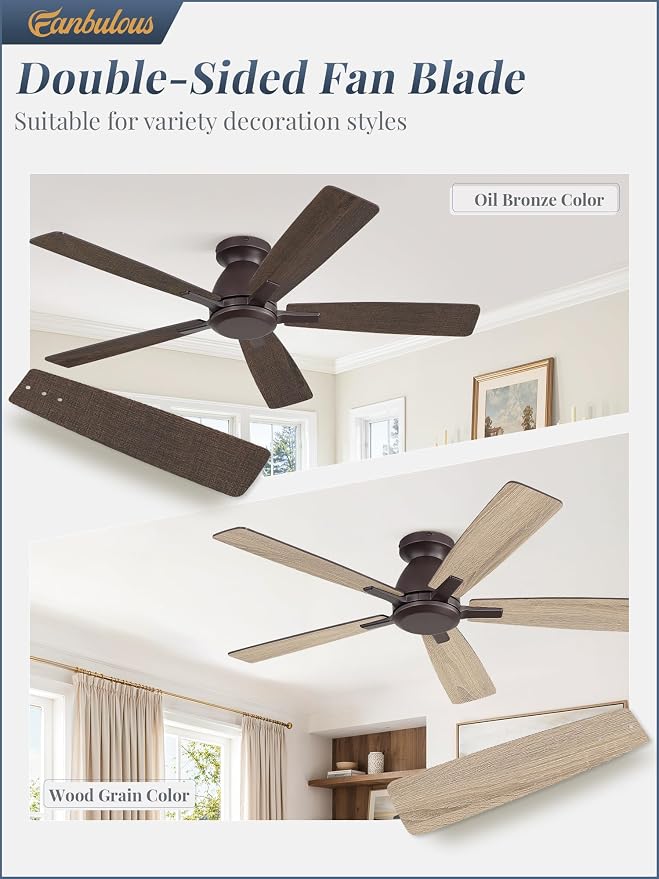 Fanbulous 52 Inch Flush Mount Ceiling Fan No Light with Remote, Oil Bronze | Modern Low Profile Without Light, 6-Speed, Quiet Reversible DC Motor, Indoor/Outdoor Use, for Bedroom, Living Room, Patio