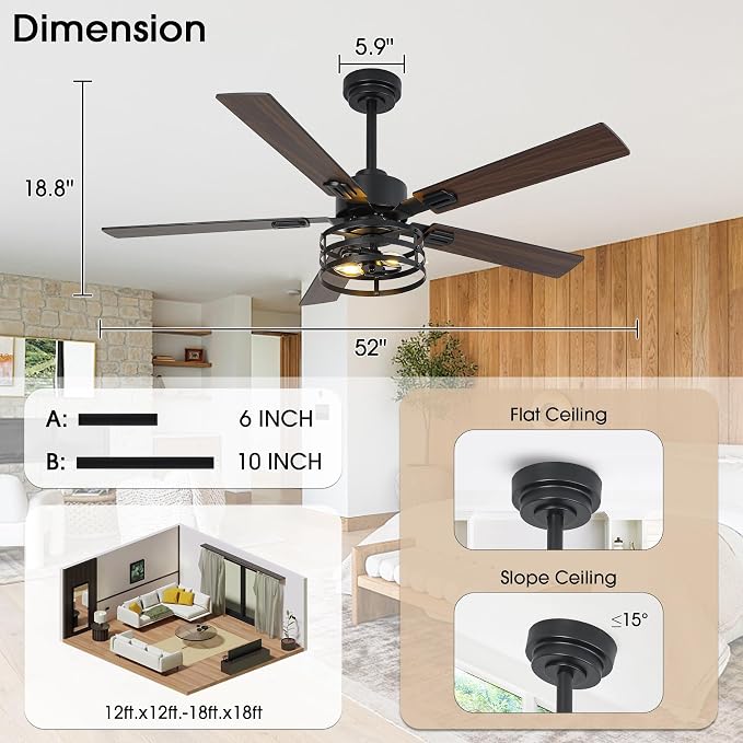 52" Farmhouse Ceiling Fan with Light and Remote, Ceilings Fan Dual Finish 5 Blades 6-Speed Quiet and Reversible DC Motor, Rustic Ceiling Fans with Light for Bedroom Living Room and Kitchen