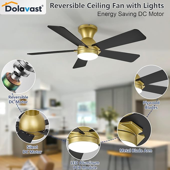 Ceiling Fans with Lights, 42 Inch Low Profile Ceiling Fan with Light and Remote Control, Flush Mount, Reversible, 3CCT, Dimmable LED, Quiet, Gold Ceiling Fan for Bedroom, Kitchen