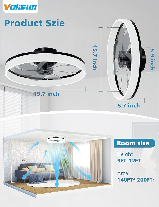 VOLISUN Low Profile Ceiling Fans with Lights and Remote, 20in Fandelier Ceiling Fan with Light, 3000K-6500K Dimmable Bladeless LED Fan Light, Black Flush Mount Ceiling Fans with Lights for Bedroom