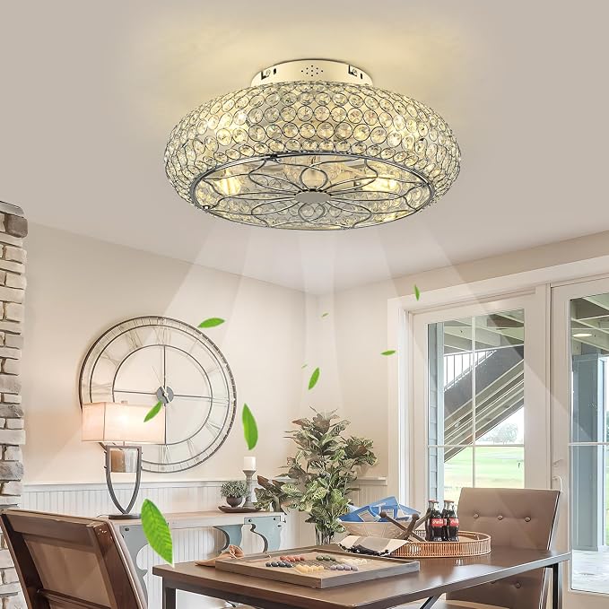 Caged Crystal Ceiling Fans with Lights and Remote,20" Flush Mount Low Profile Ceiling Fan with Light,6 Speed Enclosed Ceiling Fan with Reversible Motor for Bedroom Kitchen Living Room