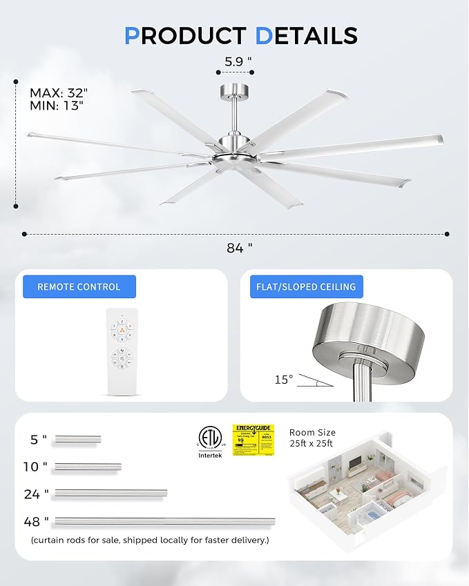 84 Inch Industrial Ceiling Fan Without Light, Brushed Nickel Outdoor Model for Covered Areas, 8 Aluminum Blades, Powerful Airflow, Modern No-Light Design, CF04NBN-84