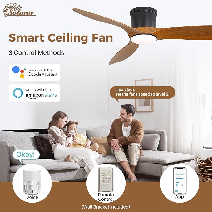 Sofucor 52 Inch Smart Ceiling Fan with Lights, Modern Low Profile Flush Mount Ceiling Fan with 6500CFM, Compatible with Alexa/Google/App, 3 Plastic Blade, Dimmable Timer Reversible DC Motor, ETL, ABS
