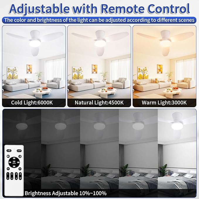 40 inch Ceiling Fan with Lights, Flush Mount with Remote Control | 3 Blades, 6 Speeds, Reversible Quiet DC Motor, Dimmable, 3000-6000K Adjustable, Timer, for Bedroom Dining Room Home Office