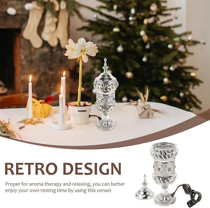RCFINE Electric Incense Burner Bakhoor Metal Incense Burner Middle Eastern Style Arabic Incense Burner for Aromatherapy Yoga Spa Home Tabletop Decoration (Silver)