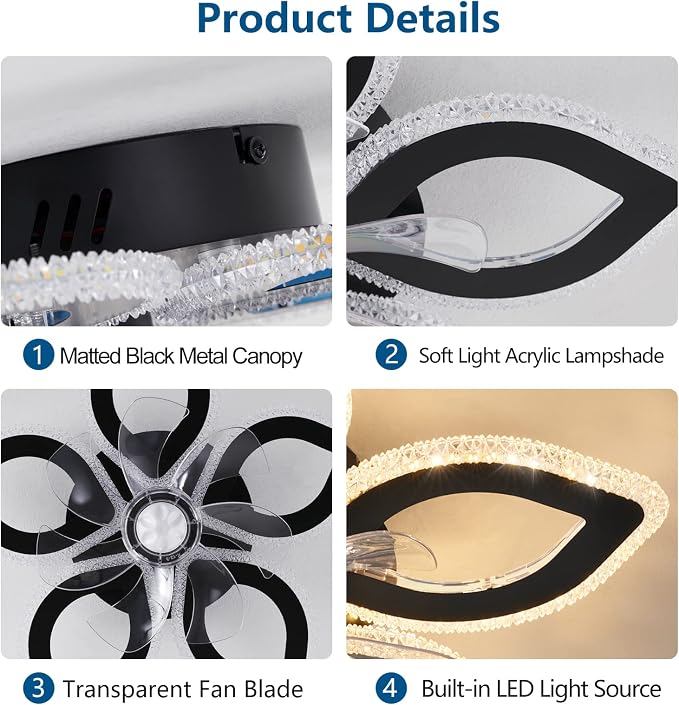 Dalouguan 21-Inch Ceiling Fan with Lights and Remote Control, Black Geometric, 6 Wind Speeds, 3 Light Color, Low Profile, Flush Mount, for Kitchen, Bedroom, Living Room