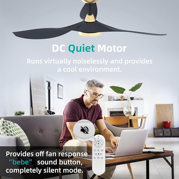 Roomratv Ceiling Fans with Lights and Remote Control,Quiet Noiseless Reversible DC Motor,6 Speeds,Timers, 3 CCT, Indoor Use, Plastic Blades,52 Inch Black and Gold Modern Ceiling Fan for Living Room