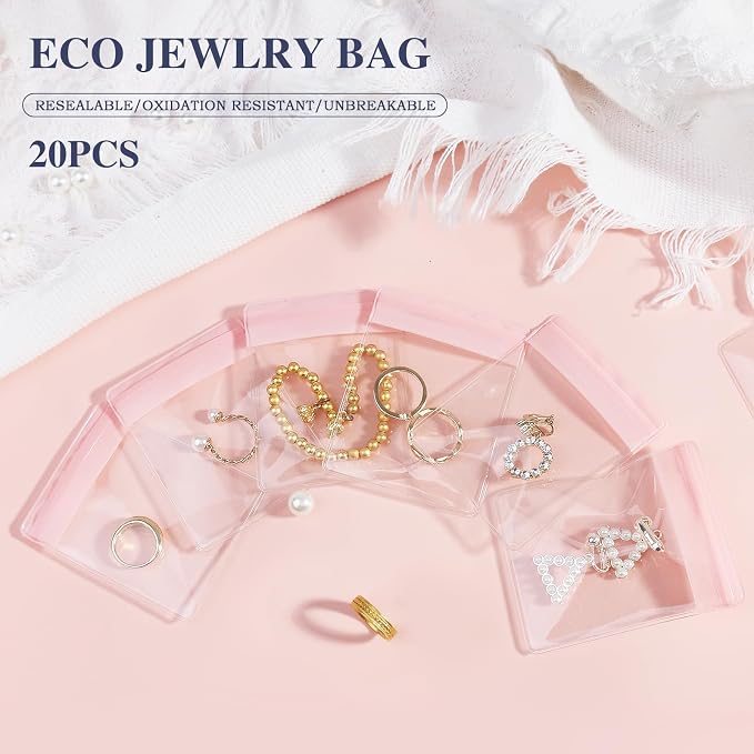 HOMEHIVE Travel Jewelry Bags, 20Pcs Clear Travel Jewelry Organizer, Portable Anti Tarnish Jewelry Storage Pouch Bag Gift for Women Girl, 20Pcs Pink Bags