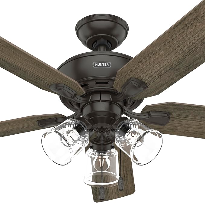 Hunter Rosner, Indoor, Ceiling Fan, Standard Mount, 52 inch, Noble Bronze | with LED Lights and Pull Chain, 5 Blades, For Bedroom, Living Room, Kitchen, 3 inch Downrod, 52345