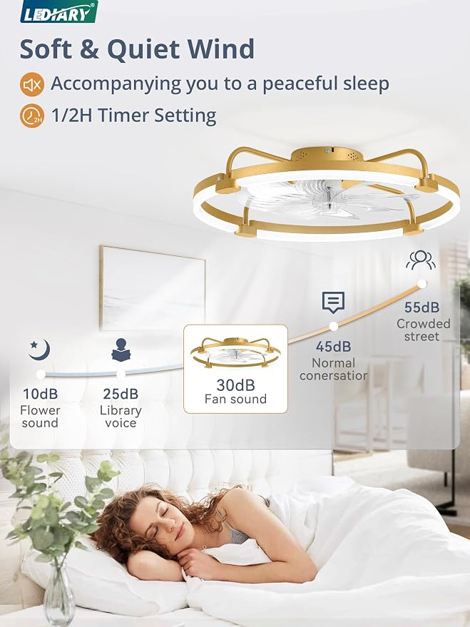 LEDIARY Ceiling Fans with Lights and Remote, 24'' Low Profile Ceiling Fan with Light, 3000-6000K Dimmable Fandelier LED Fan Light, 6 Wind Speeds, Gold Modern Flush Mount Ceiling Fan for Bedroom