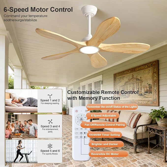 42 Inch White Ceiling Fans with Lights and Remote Control, Wood Ceiling Fan with Light, Modern Indoor Outdoor Ceiling Fan for Patio, Bedroom, Dimmable, 6 Speeds Reversible DC Motor