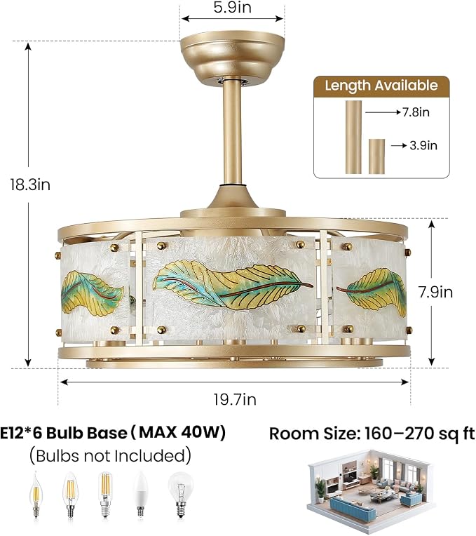 AIJIASI Gold Fandelier Ceiling Fans with Lights, 20" Caged Ceiling Fan with Light and Remote Control, Chandelier Ceiling Fan Low Profile with 6 Speeds for Bedroom, Living Room, Nursery