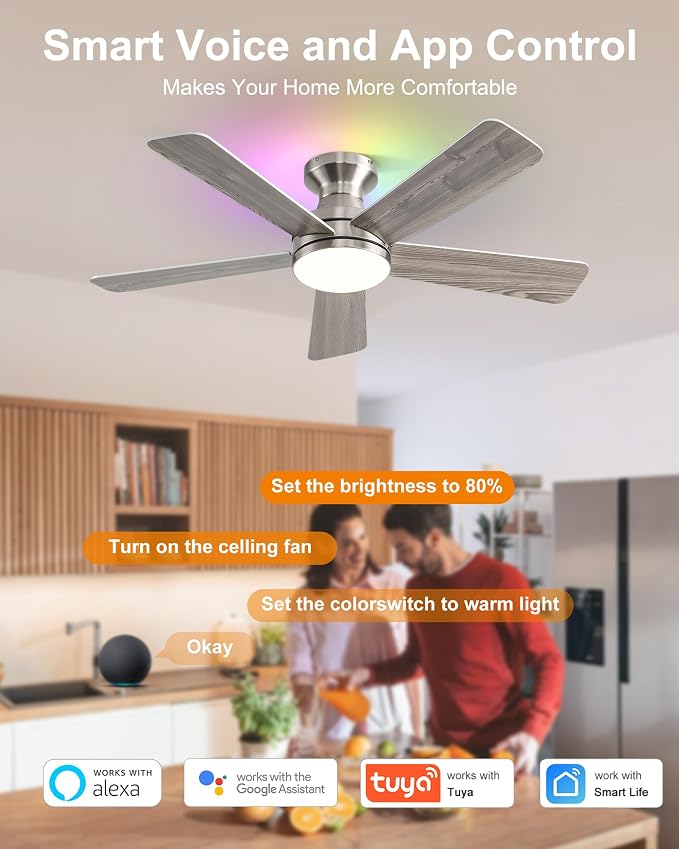 42 Inch Ceiling Fans with Lights, Smart Ceiling Fan with Alexa Google App, Nickel Ceiling Fan with RGB Lights Remote, 6 Speeds Reversible DC Motor, Modern Flush Mount for Bedroom Living Room
