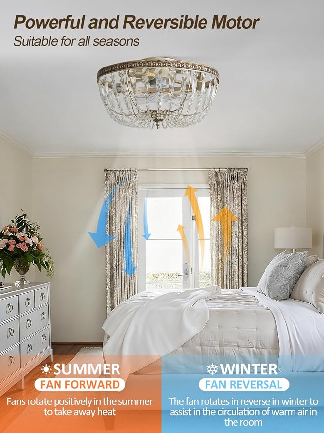 20" Flush Mount Fandelier Ceiling Fan with Light, Crystal Gold Fandelier Ceiling Fan with Light Remote Control, Vintage French Country Caged with 6 Speeds for Bedroom, Living Room, Foyer, Nursery