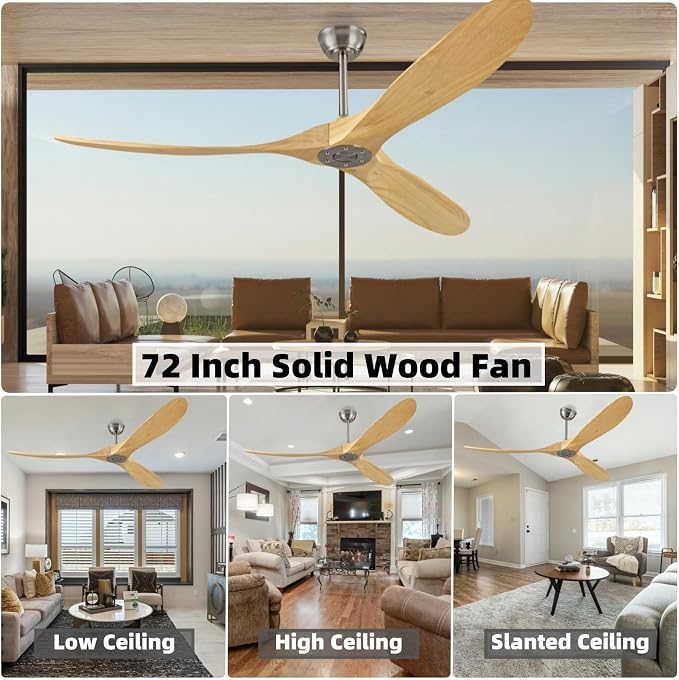 72 Inch Outdoor Ceiling Fan Without Light, Wooden Ceiling Fan with Remote Control, Silent Reversible DC Motor, Modern 3 Blades, Suitable for Indoor Terrace, Living Room, Bedroom