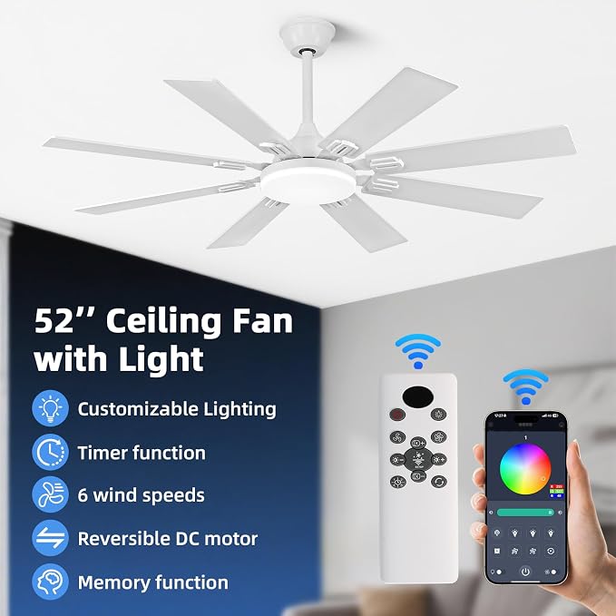 52 Inch Ceiling Fans with Lights and Remote/APP Control, Modern Ceiling Fan with 8 Dual Finish Blades,Quiet Reversible Motor, White Ceiling Fan with RGB Lights for Bedroom,Living Room,Patios
