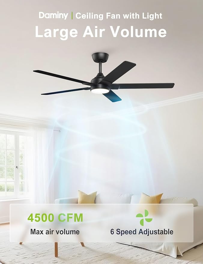 DAMINY 52 inch Black Ceiling Fans with Lights,5 Blades,3CCT, Low Profile,Remote Control,for Bedroom, Kitchen,Living Room,Indoor/Outdoor Use,Downrod
