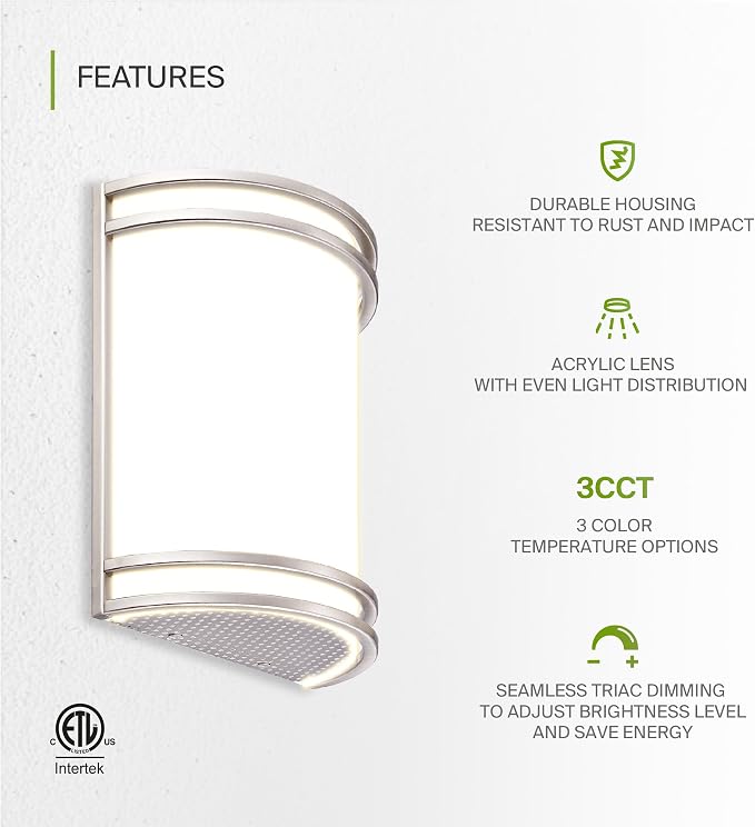 ASD Indoor LED Wall Sconce Lights - 10 Inch 15W Brushed Nickel Modern LED Wall Sconces Hardwired - ETL Dimmable 3000K 4000K 5000K Adjustable Sconce Light Fixture for Bedroom, Hallway, 2 Pack