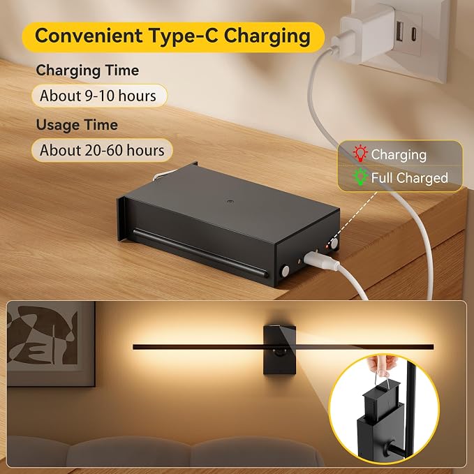 Ouyulong Battery Operated Wall Sconces Set of 2, 10000mAh Wireless Rechargeable 3000-6000K Dimmable 350° Rotate Wall Light with Remote for Living Room, Bedroom 23.6in Black