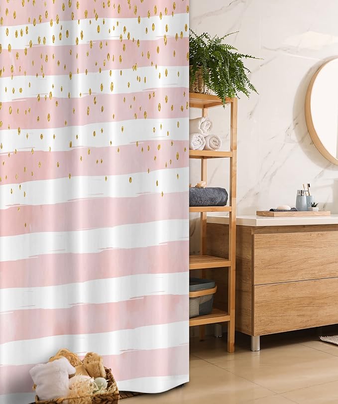 Ambesonne Modern Stall Shower Curtain, Watercolor Paint Horizontal Stripes and Dots Artistry Illustration, Fabric Bathroom Decor Set with Hooks, 36" W x 72" L, Pink Yellow