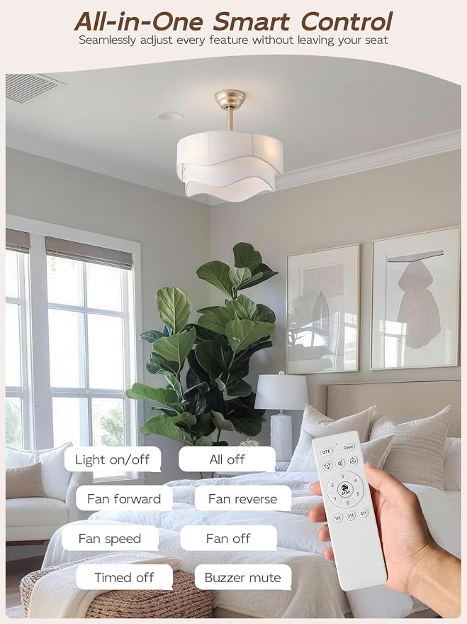 20" Boho Fandelier Ceiling Fans with Lights, Gold Fandelier Ceiling Fans with Light Remote Control, Fabric 6 Speeds Reversible for Bedroom, Living Room, Nursery, Kitchen (White)