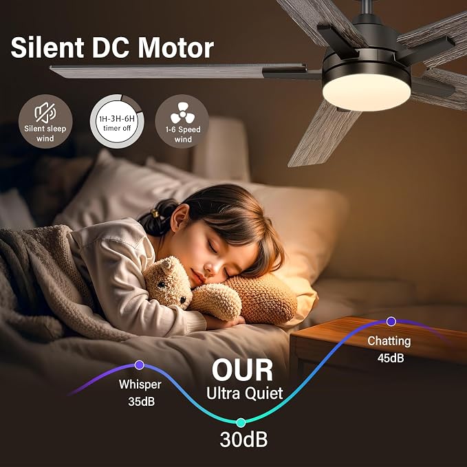52 Inch Black Ceiling Fans with Lights and Remote, Low Profile 5 Blades Ceiling Fan with Downrods, Reversible, 3CCT, Dimmable, Noiseless for Living Room, Bedroom and Patio